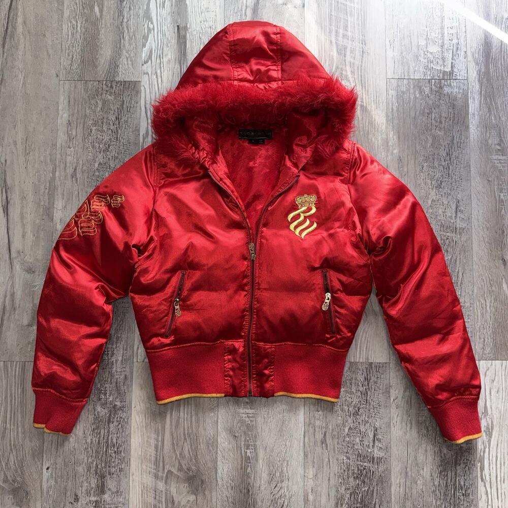Y2K Puffy Jacket Womens Medium Red Puffer Faux Fur Hood Feather Winter Coat